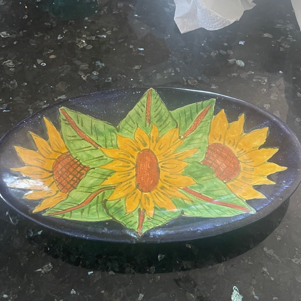 Vintage Mexican Handpainted Folk Art Clay sunflower Platter stunning, unique